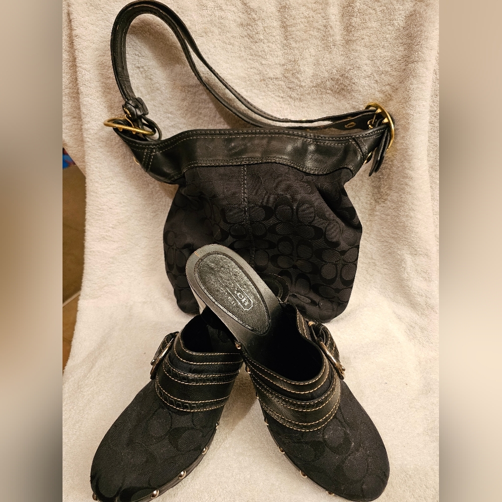 RARE AUTHENTIC BLACK COACH LARGE SHOULDER BAG AND MULE CLOG SHOES SIZE 11